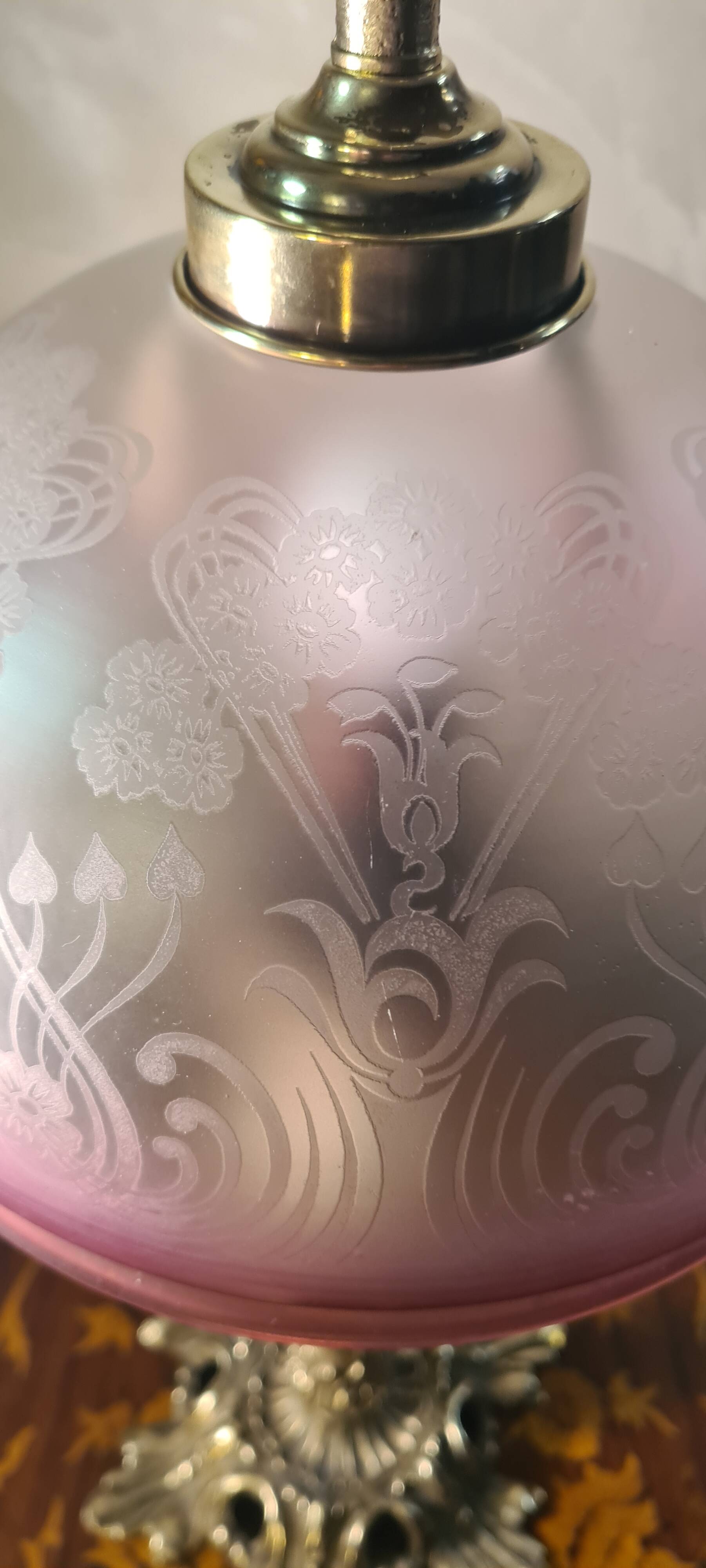 bronze lamp and tinted & acid-etched glass lampshade / Art Nouveau, period product