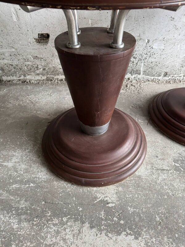 Table d'appoint Art Nouveau en bois naturel et cannage tressé incrusté de détails métalliques — France, vers 1900