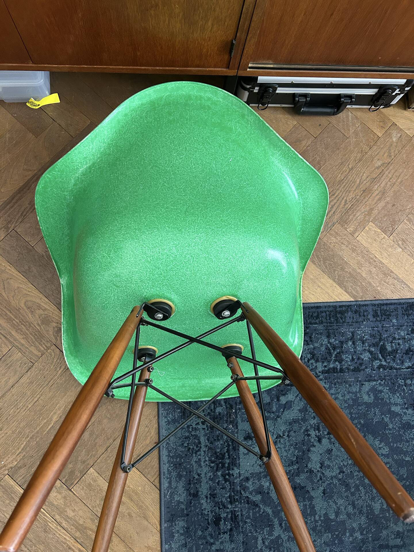 Ray and Charles Eames Fibreglass Arm Shell Dowel Chair Green