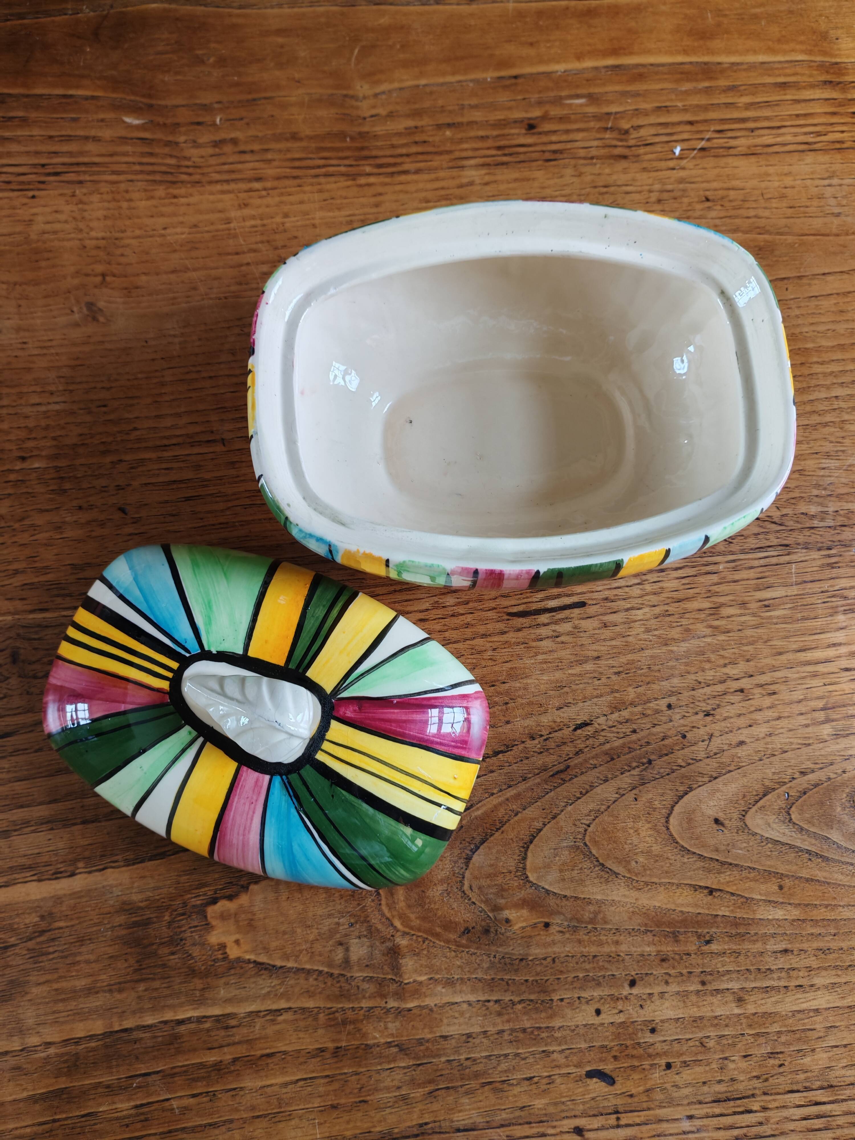Vintage Ceramic Bonbonnière with Colourful Stripes - Jewellery Box