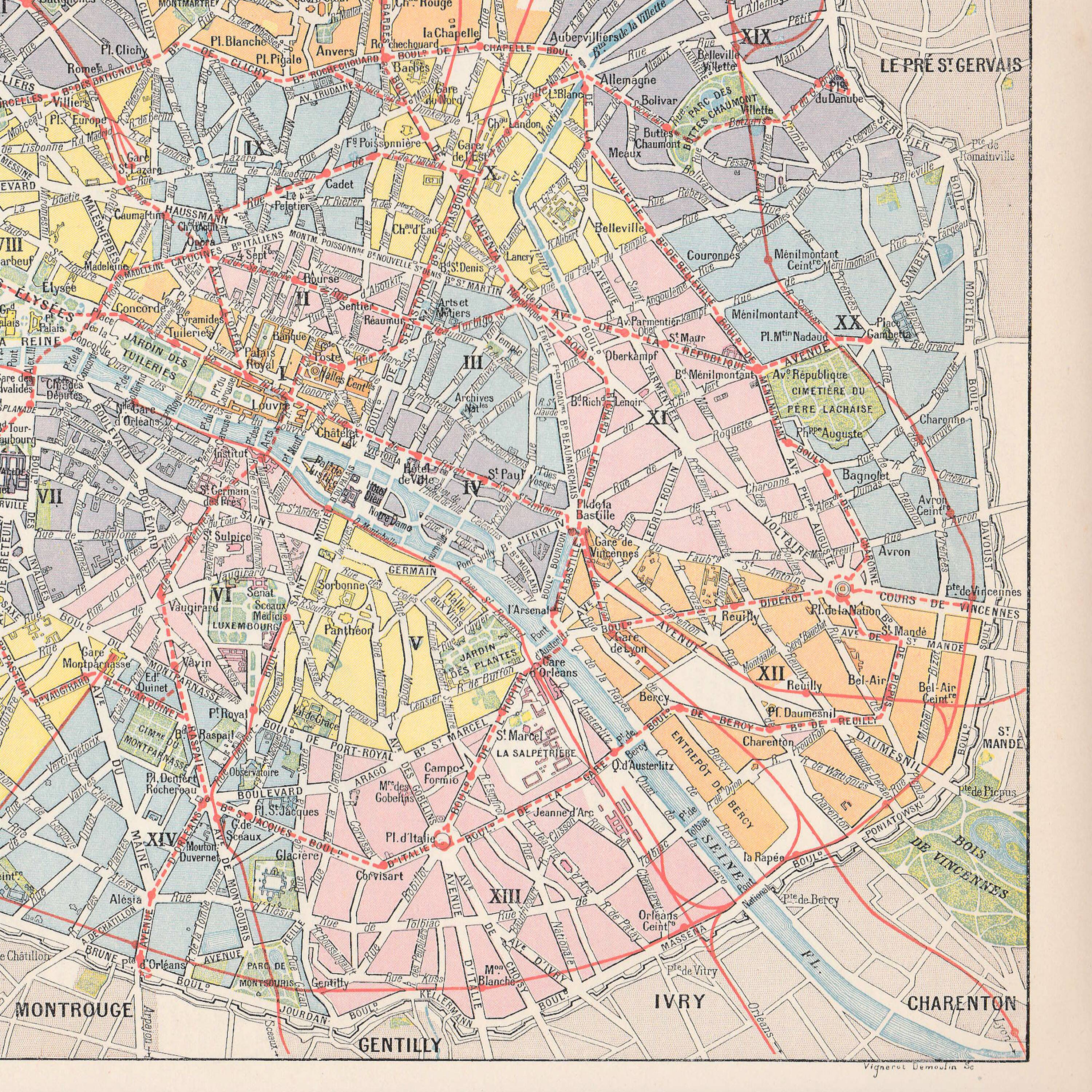 Old map of Paris, late 19th century