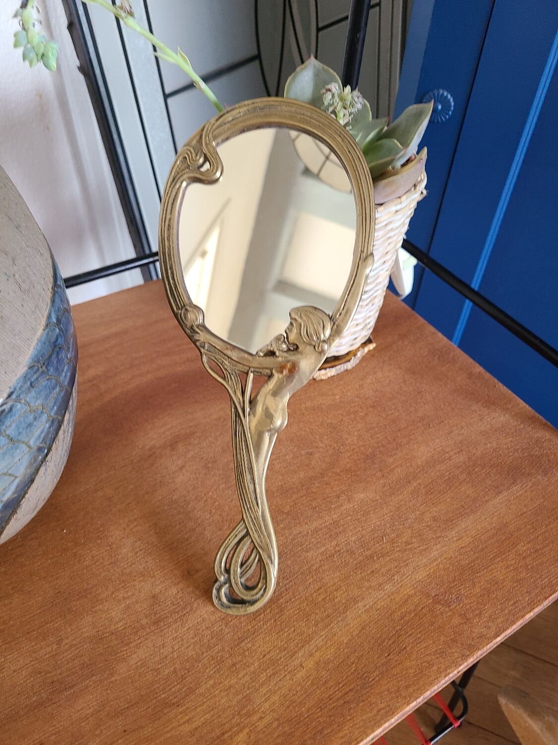 Old bronze mirror by hand, art deco woman's nude