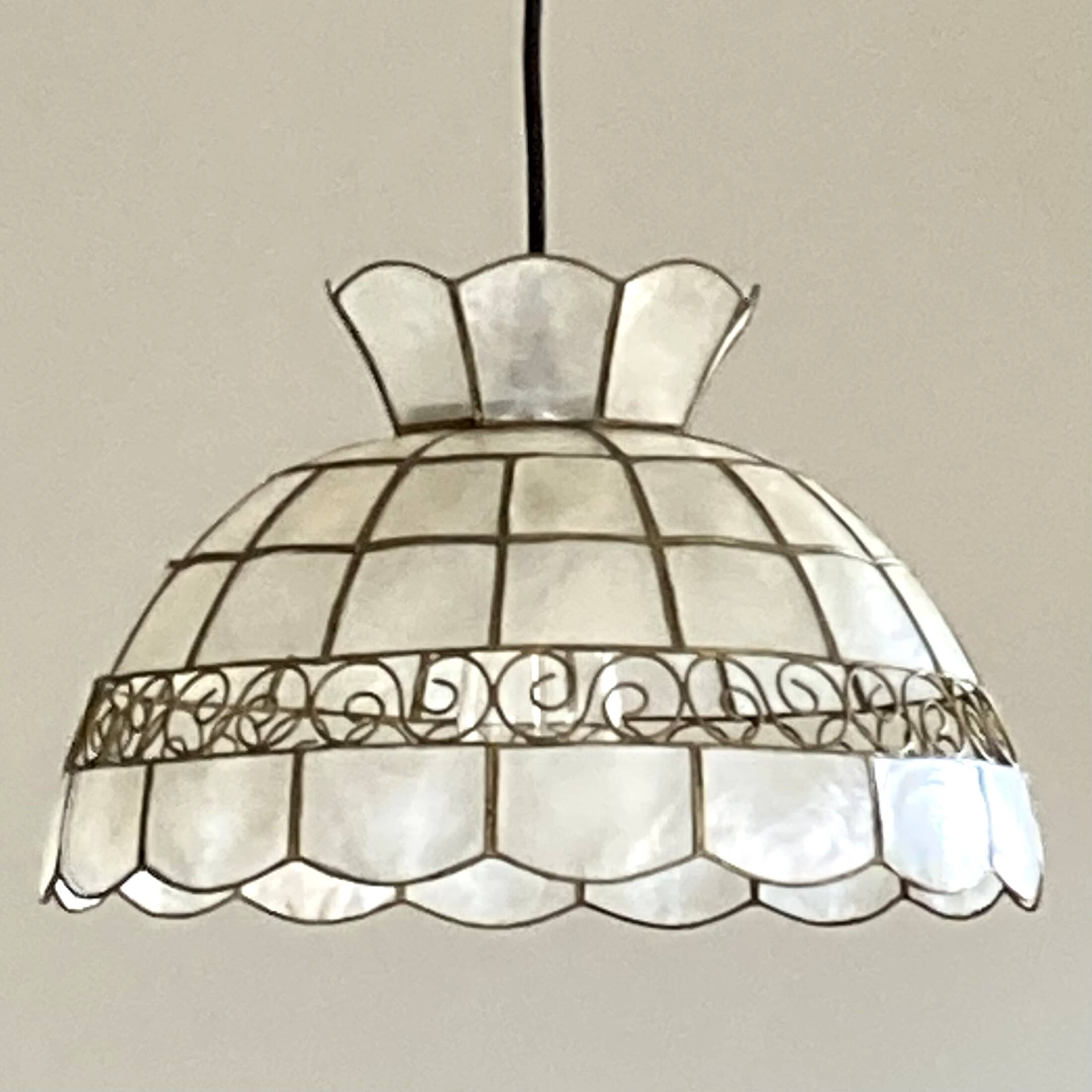 Chandelier suspension lampshade in mother-of-pearl and brass lighting vintage antique ceiling lamp