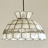 Chandelier suspension lampshade in mother-of-pearl and brass lighting vintage antique ceiling lamp