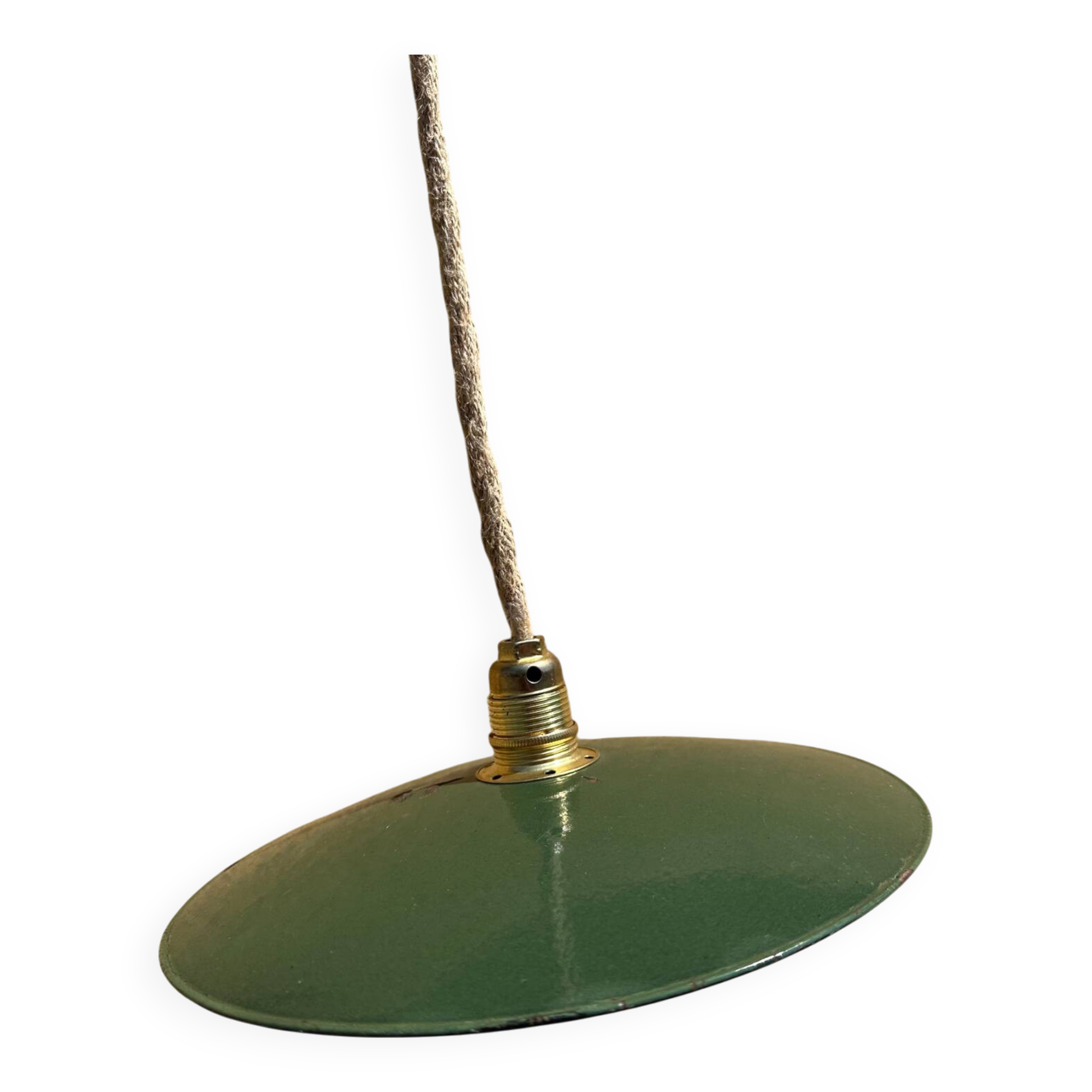 Vintage pendant light with green and white enamelled sheet metal shade