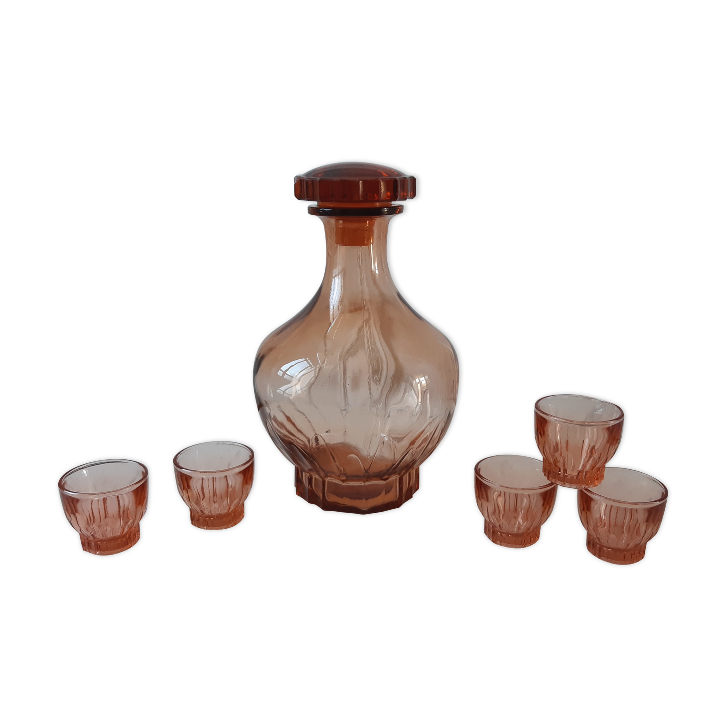 Set decanter and 5 liqueur glasses in pink art deco glass
