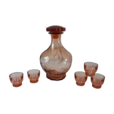 Set decanter and 5 liqueur glasses in pink art deco glass