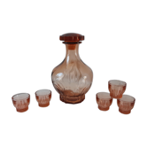 Set decanter and 5 liqueur glasses in pink art deco glass