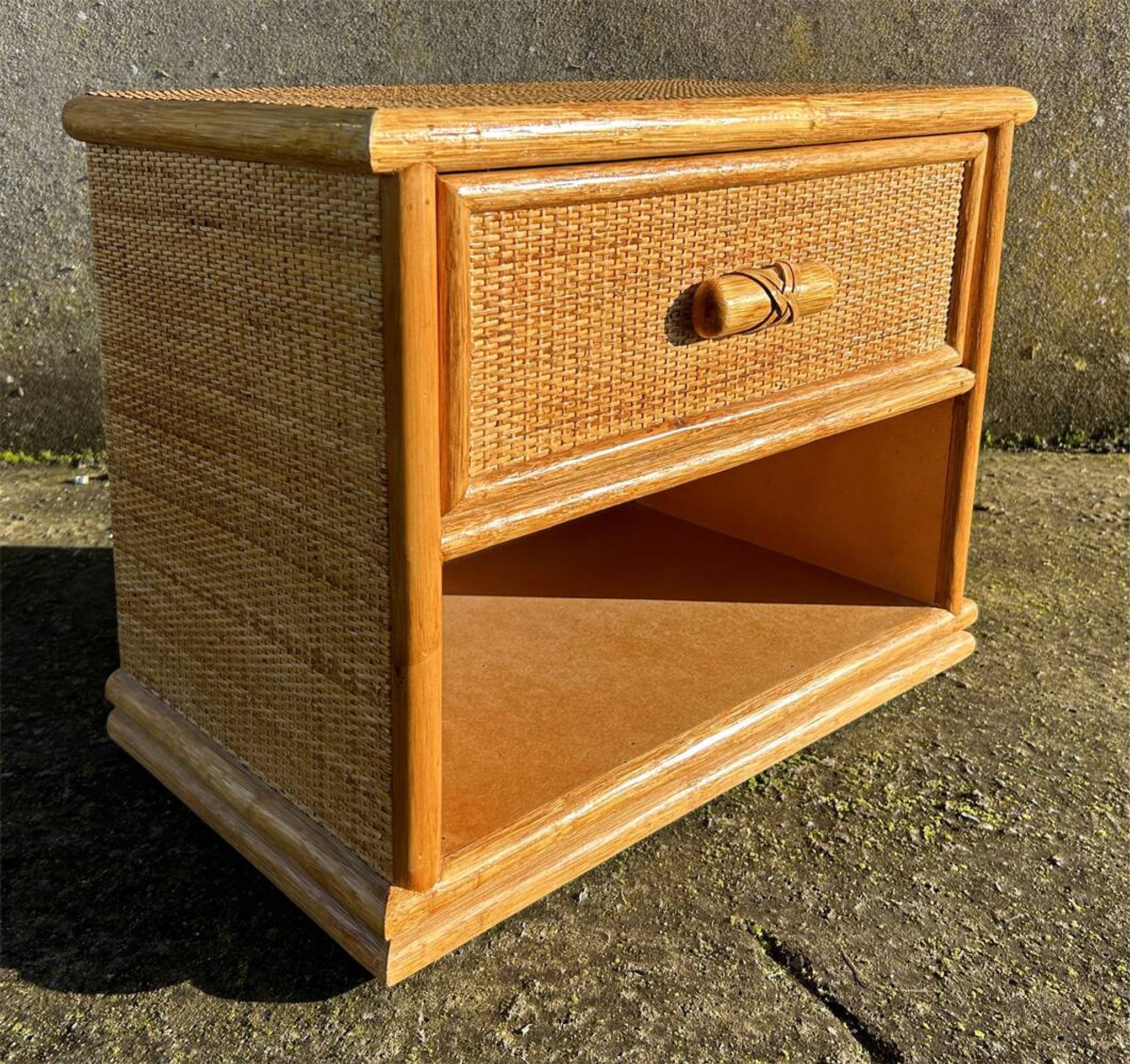 Maugrion bedside table for Roche Bobois, wood and rattan, 1980s