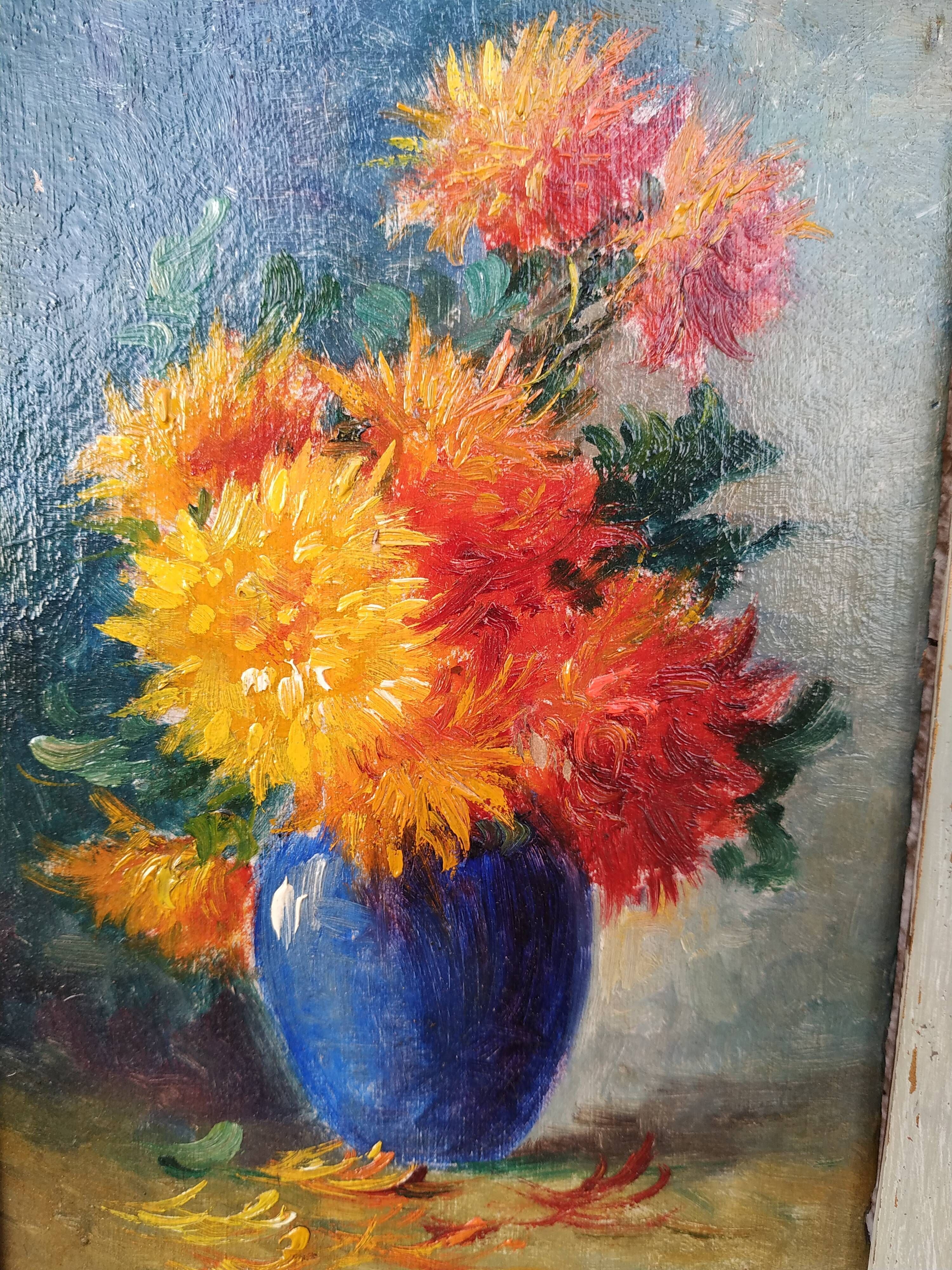 Still life at dalhias by Gaston Corbier 1869-1945 oil on isorel
