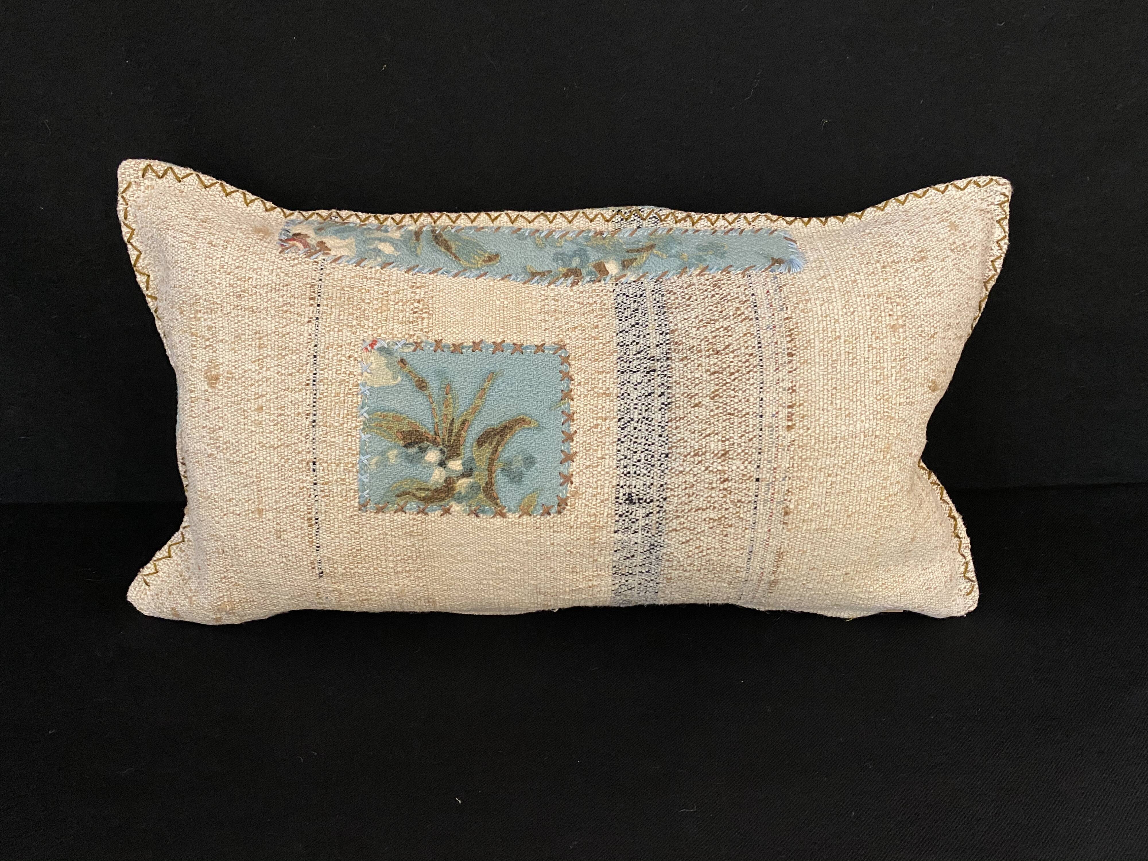 Pair of kilim-style antique canvas cushions woven, patched and hand-embroidered, and vintage fabric