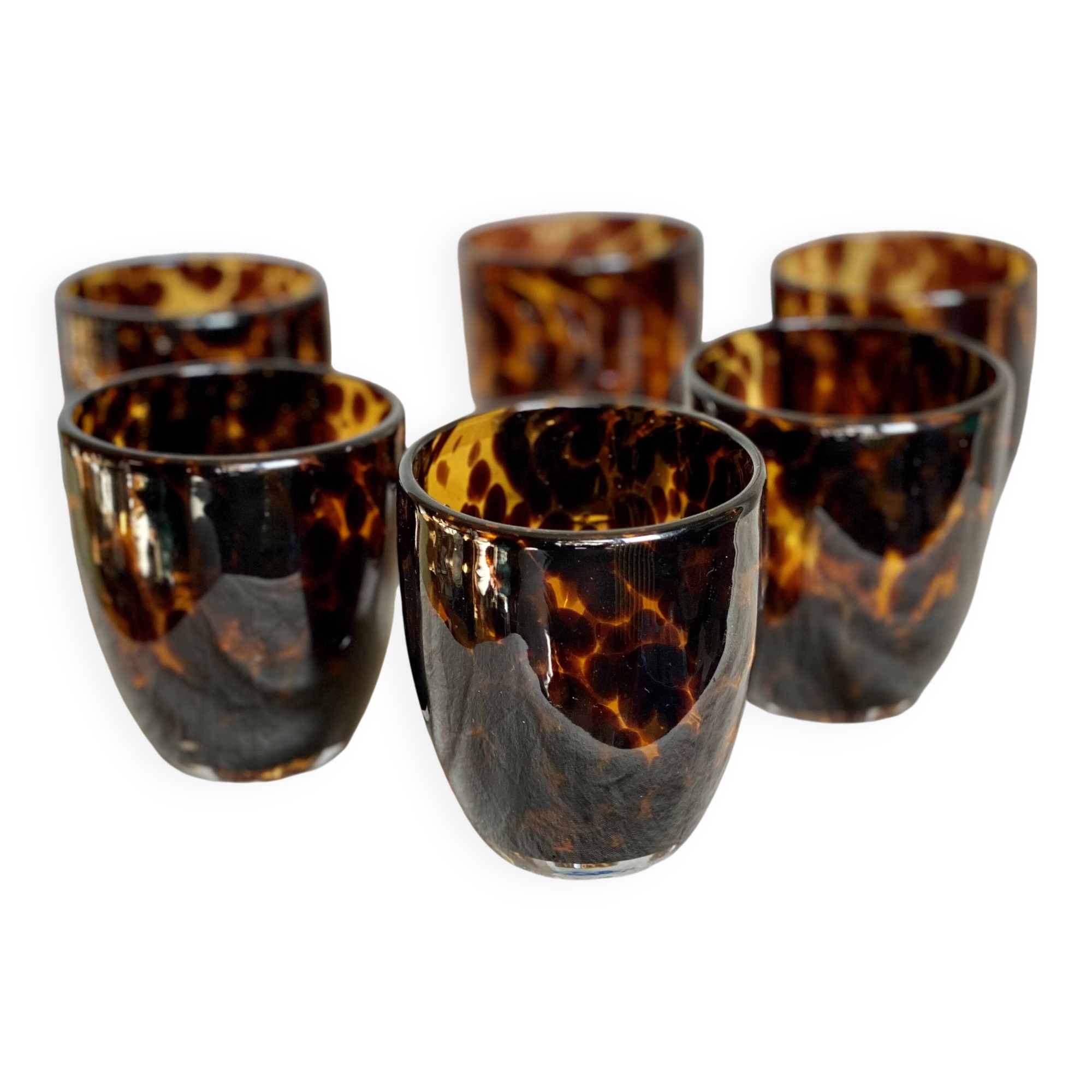 Set of 6 vintage tortoiseshell tinted glass tumbler glasses 1980