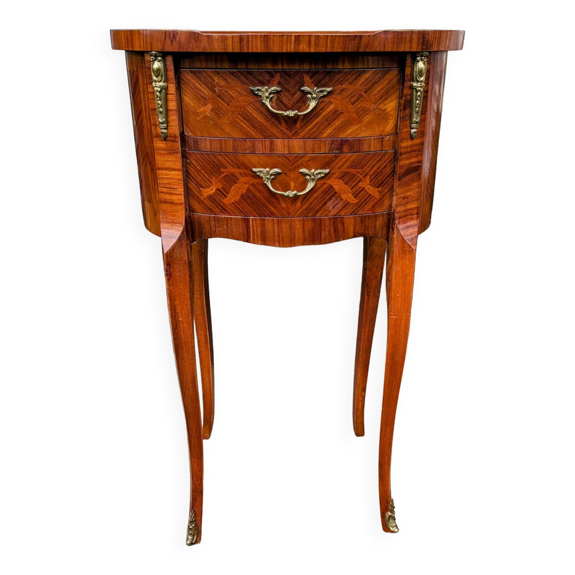 Old oval bedside table in rosewood marquetry Louis XV style