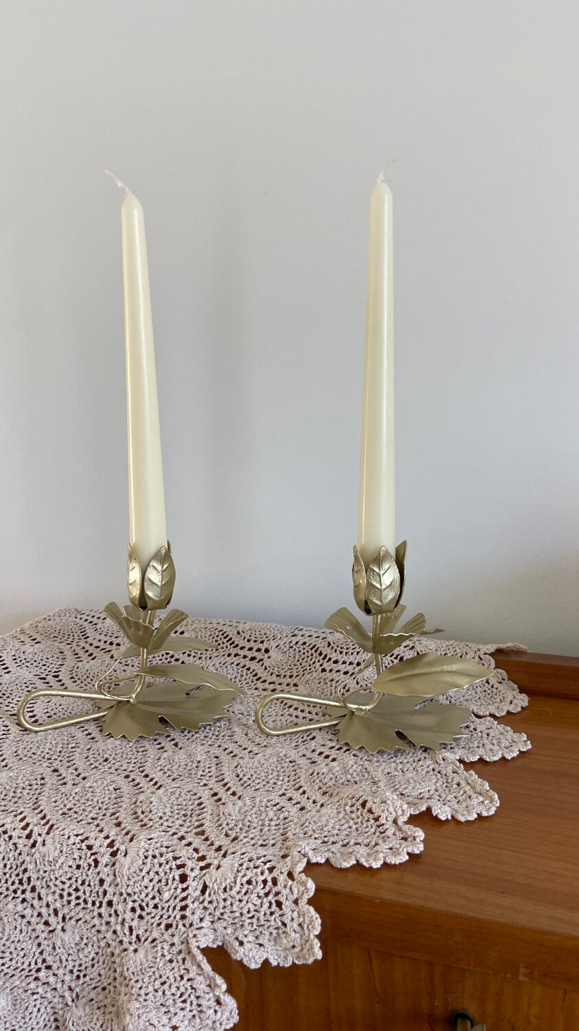 Pair of vintage flower candle holders in gold painted metal