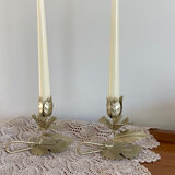 Pair of vintage flower candle holders in gold painted metal