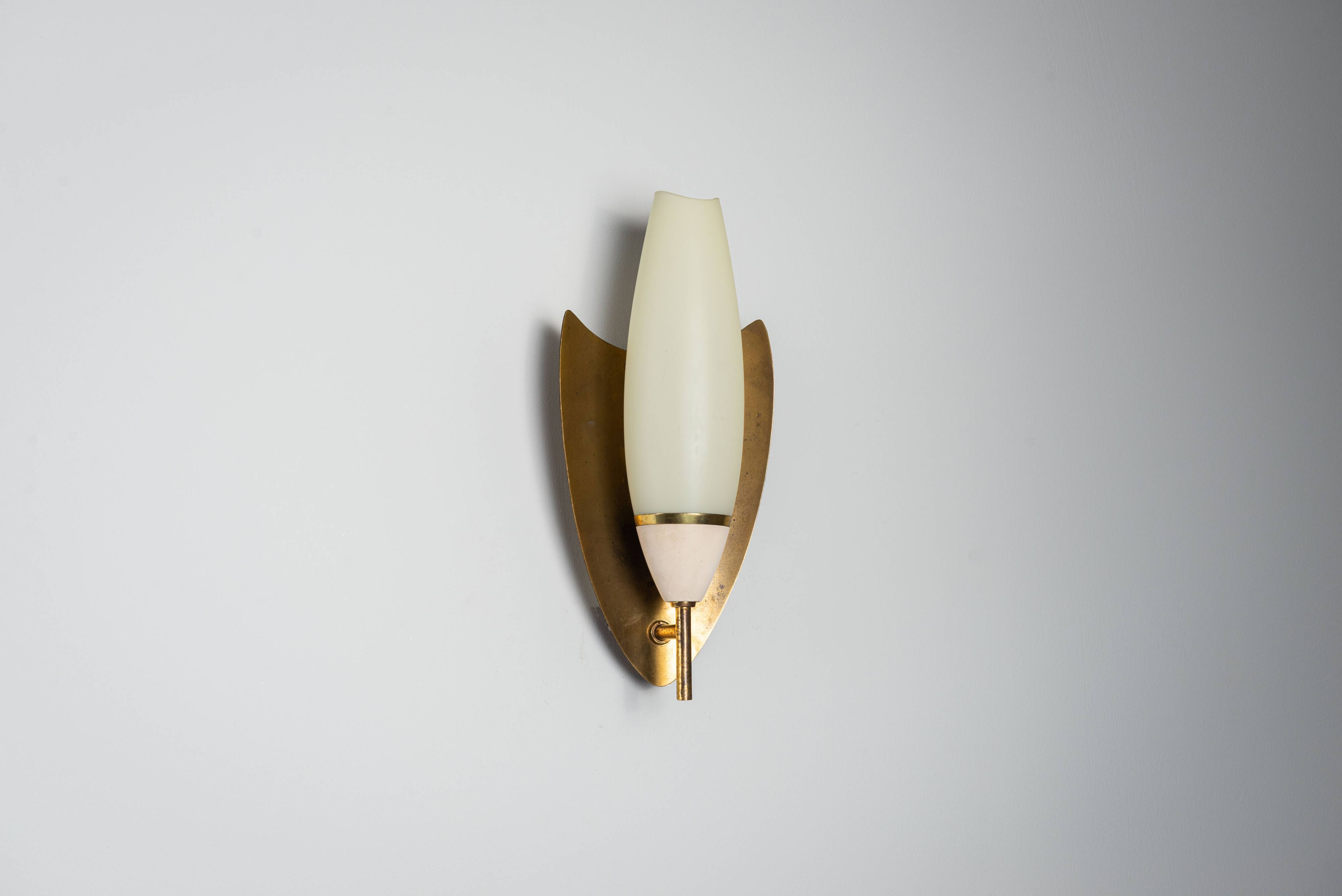 Pair of wall lamps with brass shields and glass shades