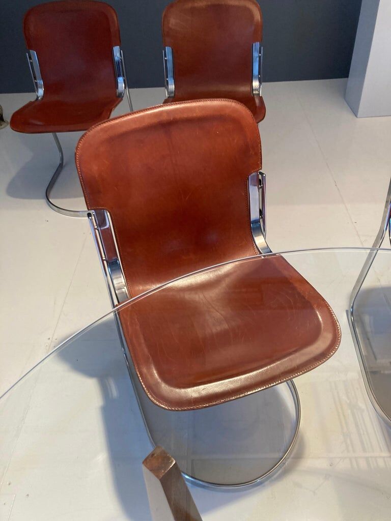 Set of 4 dining chairs in chrome and leather for Cidue Italy 1970