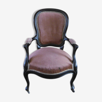 Fauteuil voltaire epoque Napoleon III en bois noirci tissu rouge saumon