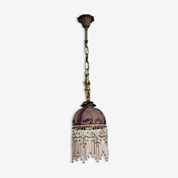 Vintage French Ceiling Light With Brass Putti Cherub & Glass Fringed Shade 3394