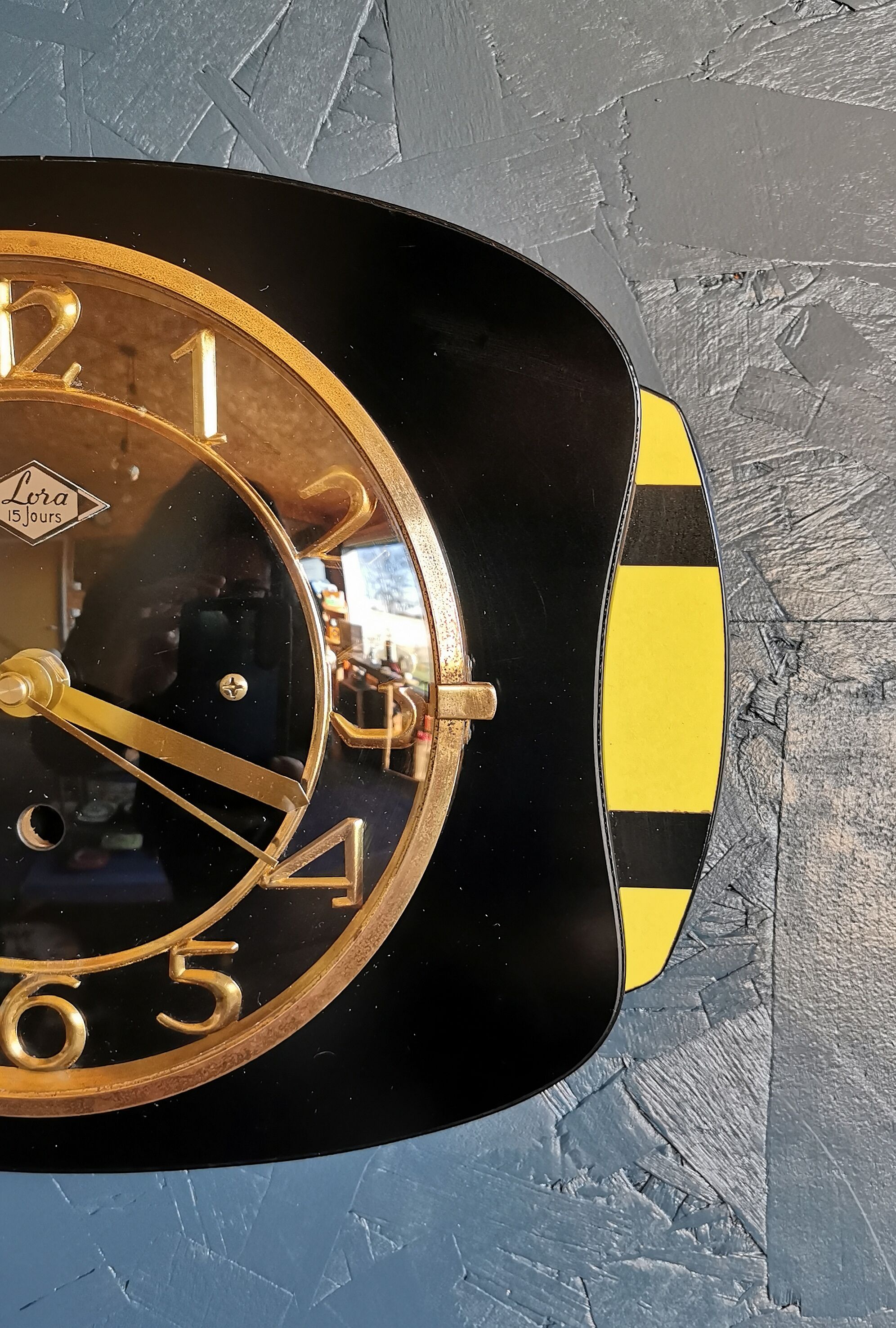 Vintage formica clock rectangular silent wall clock "Lora black yellow"