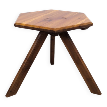 French Brutalist Pine Side Table, 1970s