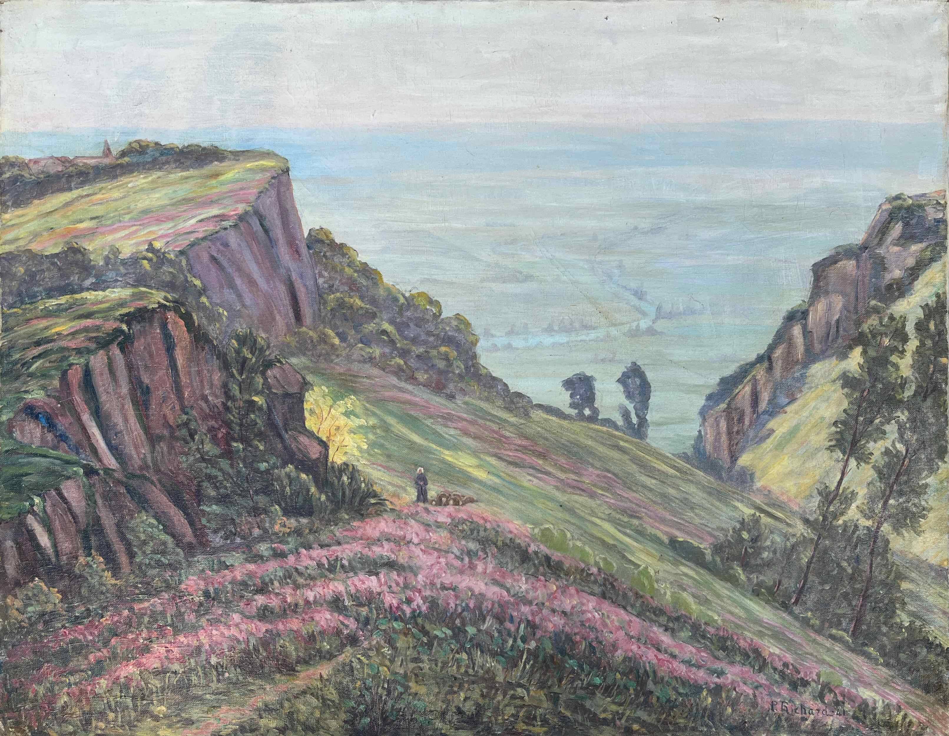 Large HST painting "Animated landscape" Dauphiné Creuse (?) signed P. Richard 1941