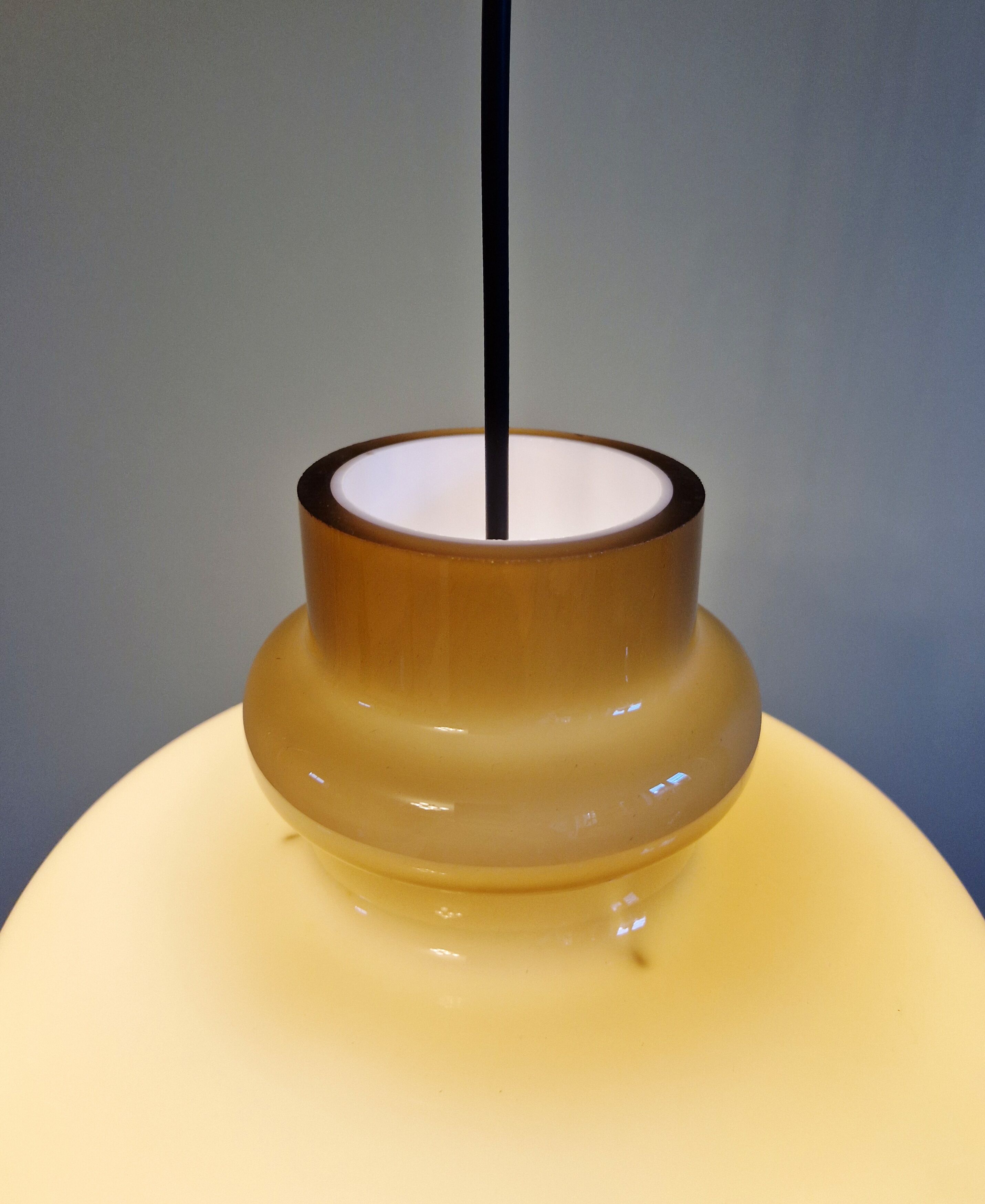 Scandinavian suspension light in mustard opaline, H-A Jakobsson, 1970.