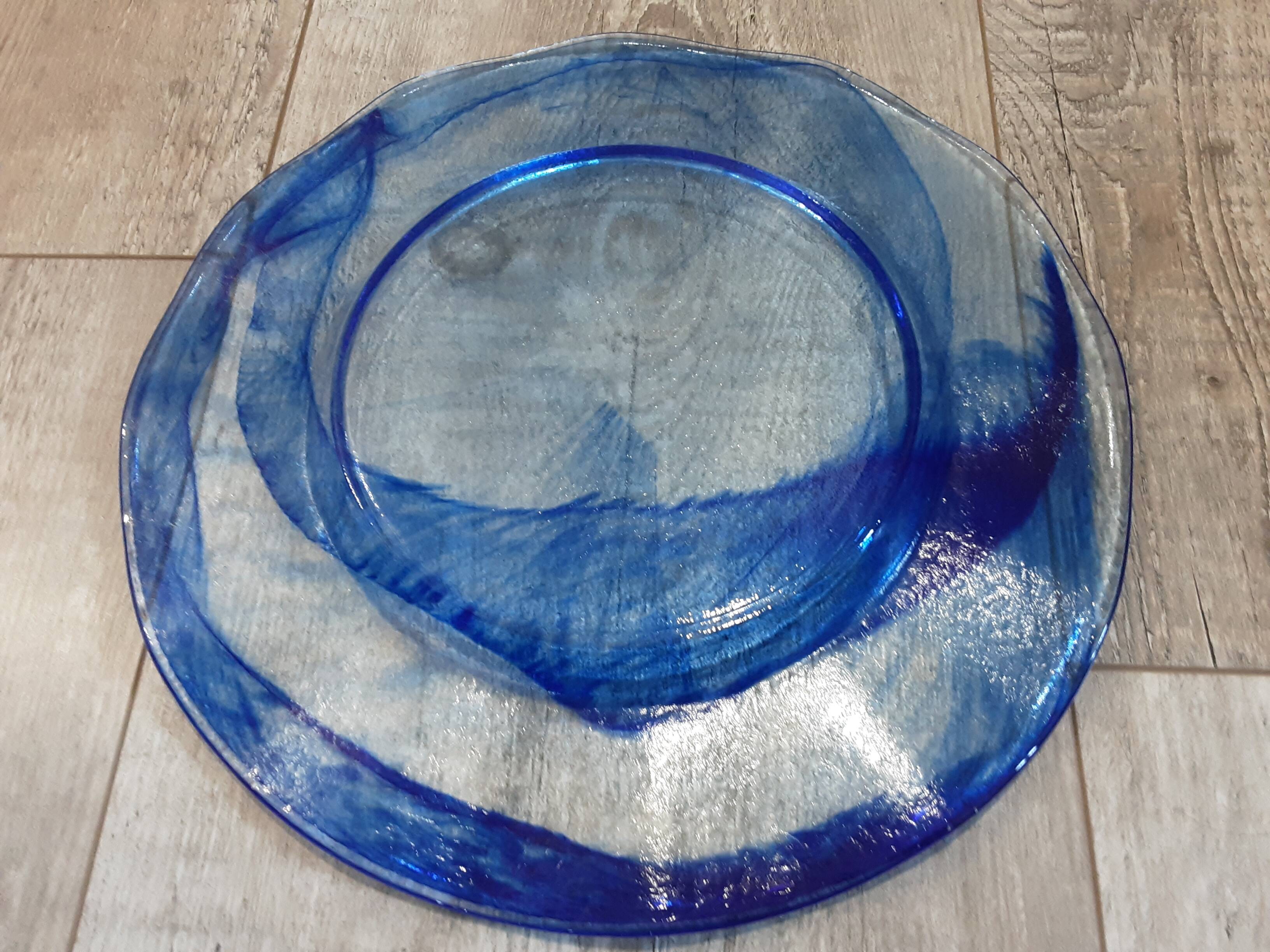 Large round blue crystal dish