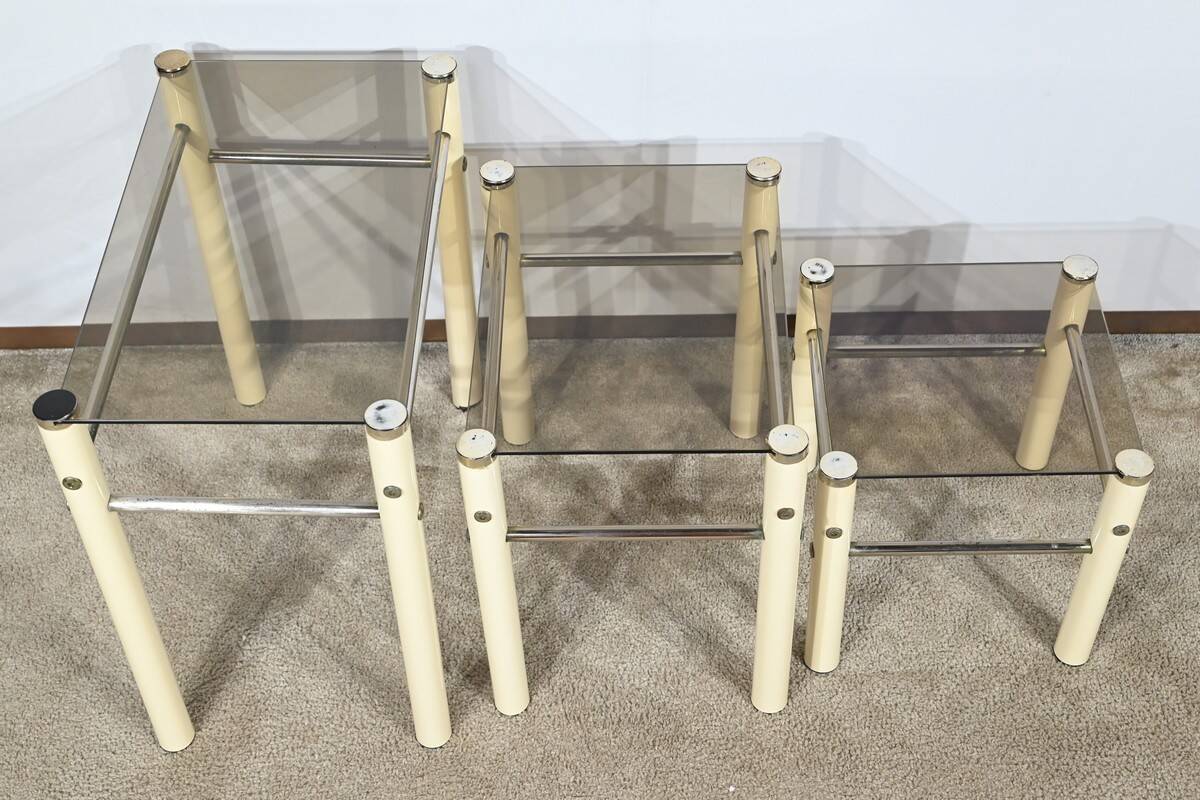 Tables Gigognes en Métal Beige, attribuées à Yves Boutboul – 1970
