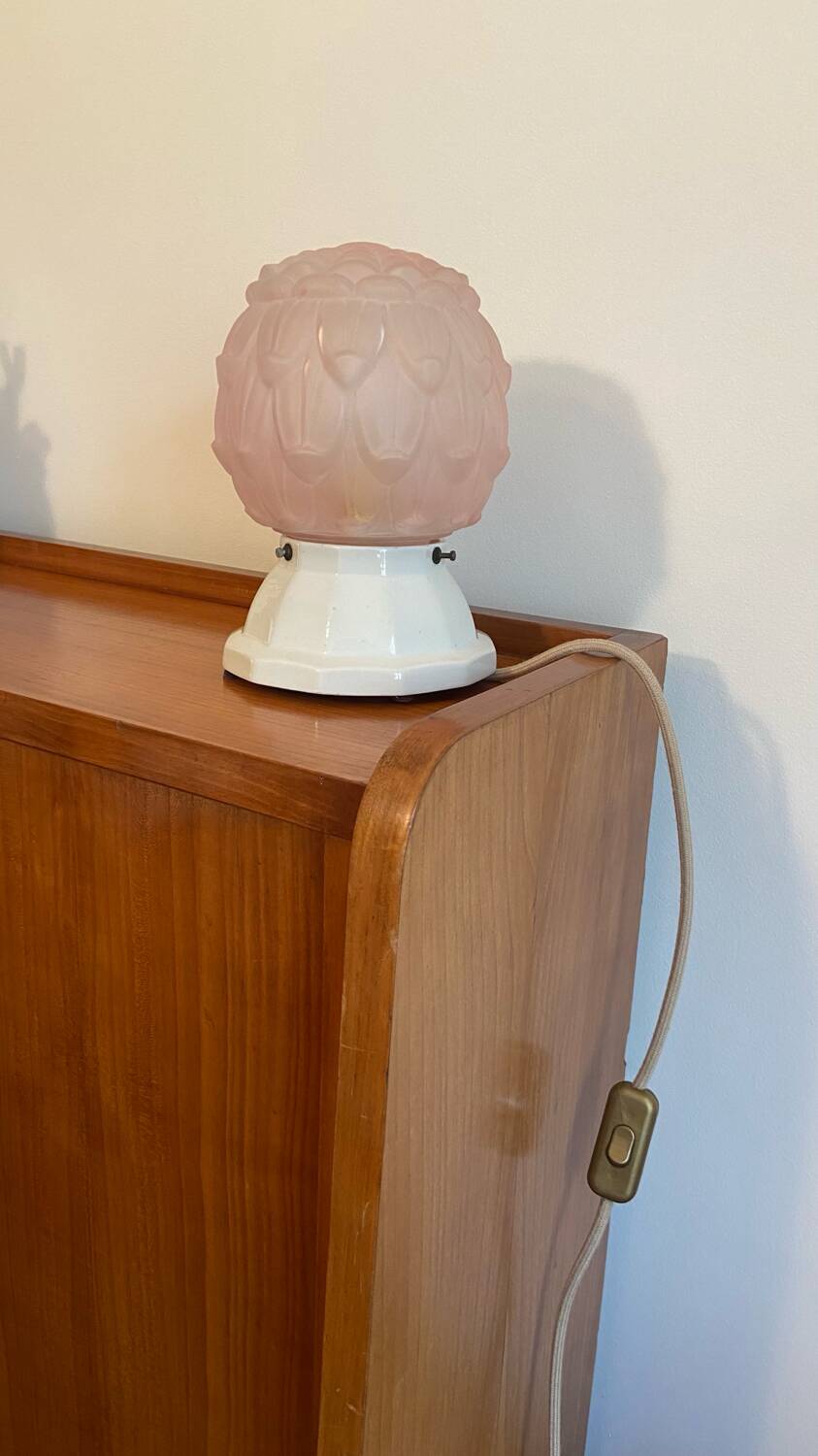 Art Deco powder pink globe lamp and porcelain base