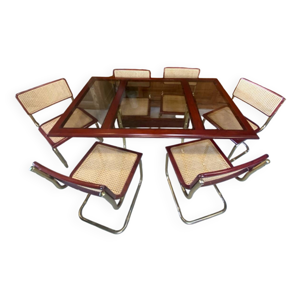 6 chaises et table en bois et cannage