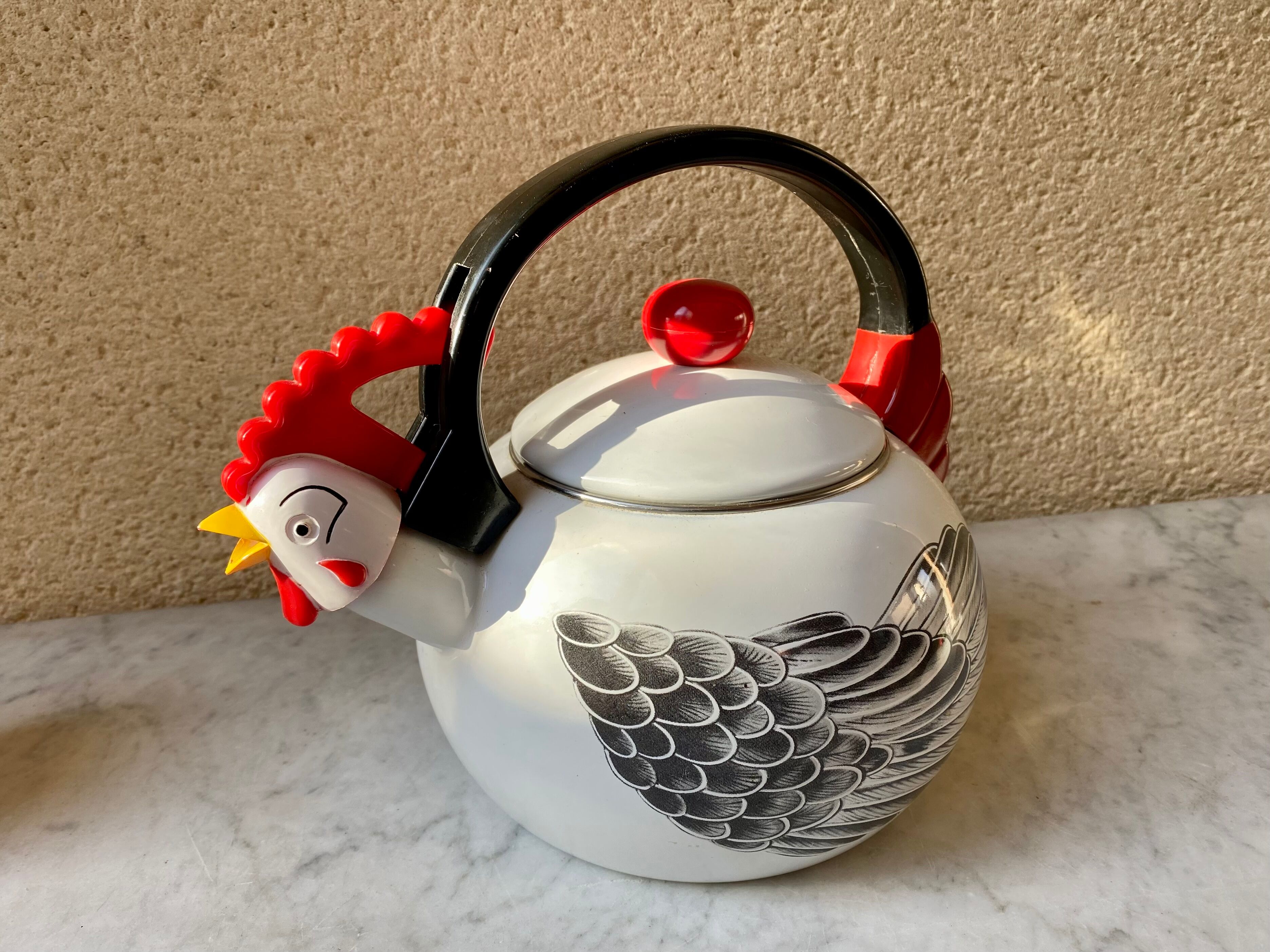 Kettle sheet metal enamel vintage 80s kamenstein decorations rooster