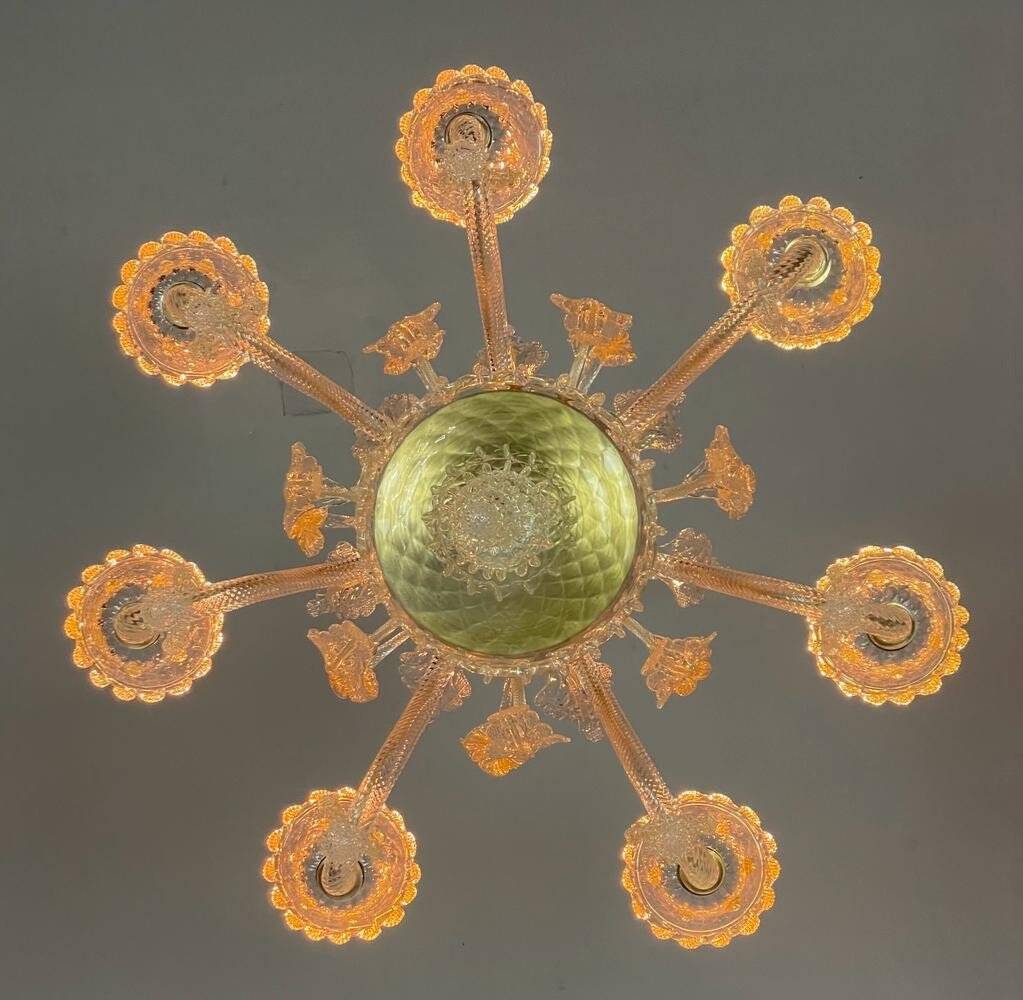 Venetian chandelier in gilded Murano glass, 6 light arms circa 1940