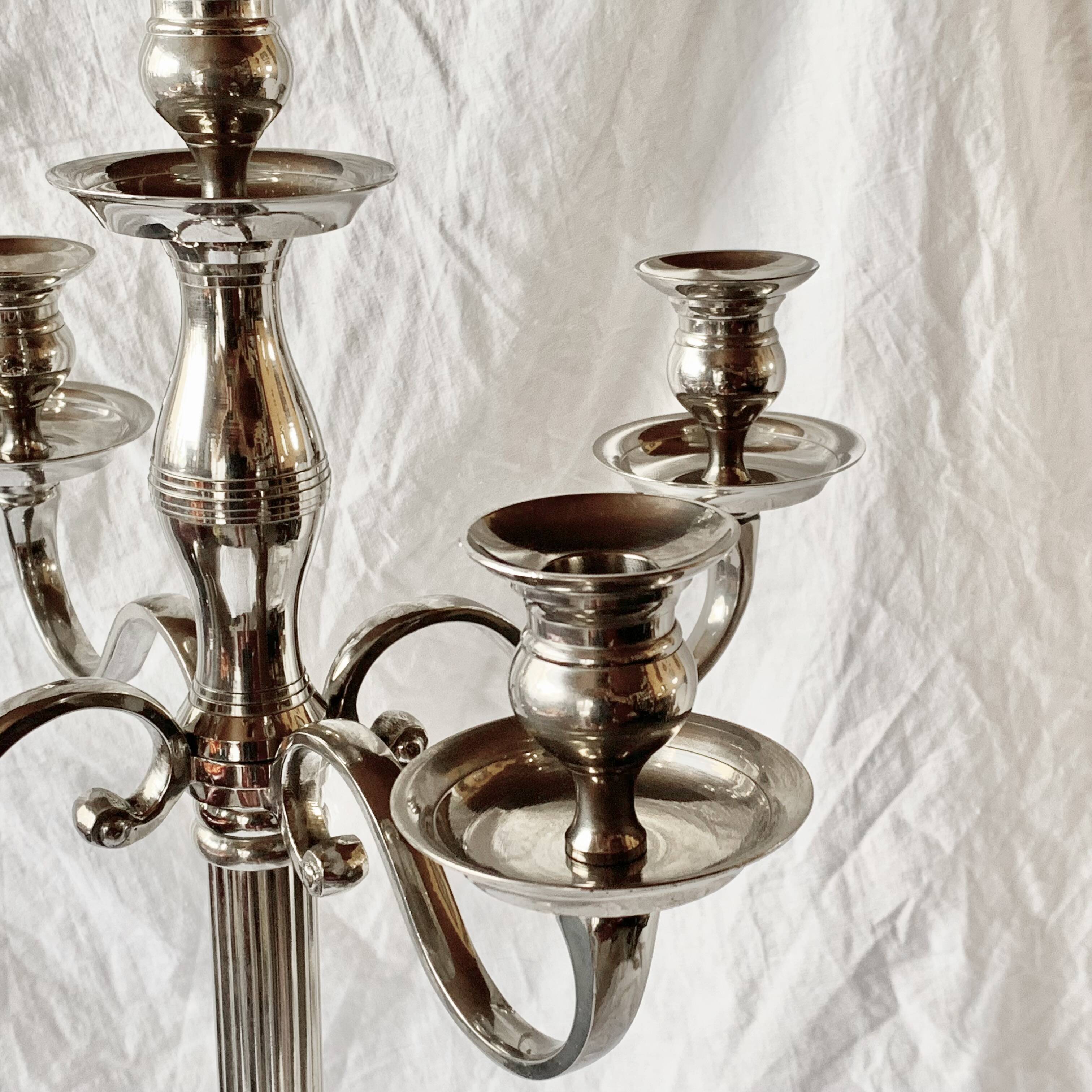 Antique large five-armed chrome-plated steel candlestick - 76cm