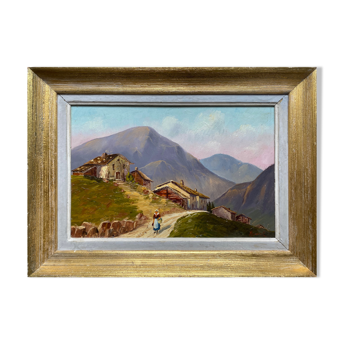 Painting Lively Mountain Landscape Alpine Chalets signed Maurel + frame