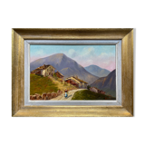 Painting Lively Mountain Landscape Alpine Chalets signed Maurel + frame