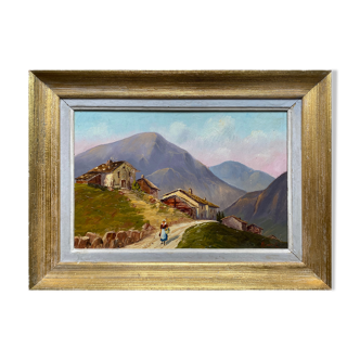 Painting Lively Mountain Landscape Alpine Chalets signed Maurel + frame