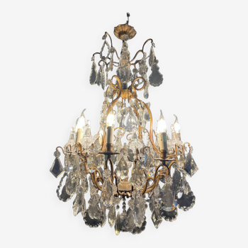 19th Century Cage Chandelier In Gilt Bronze And Crystal Tassels