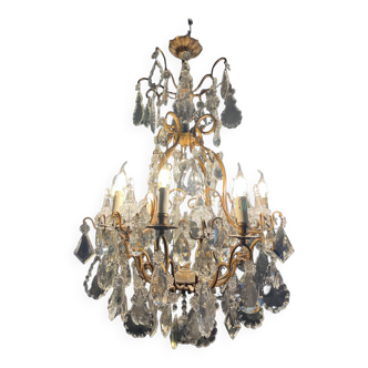 Lustre cage du xixe en bronze doré et pampilles en cristal