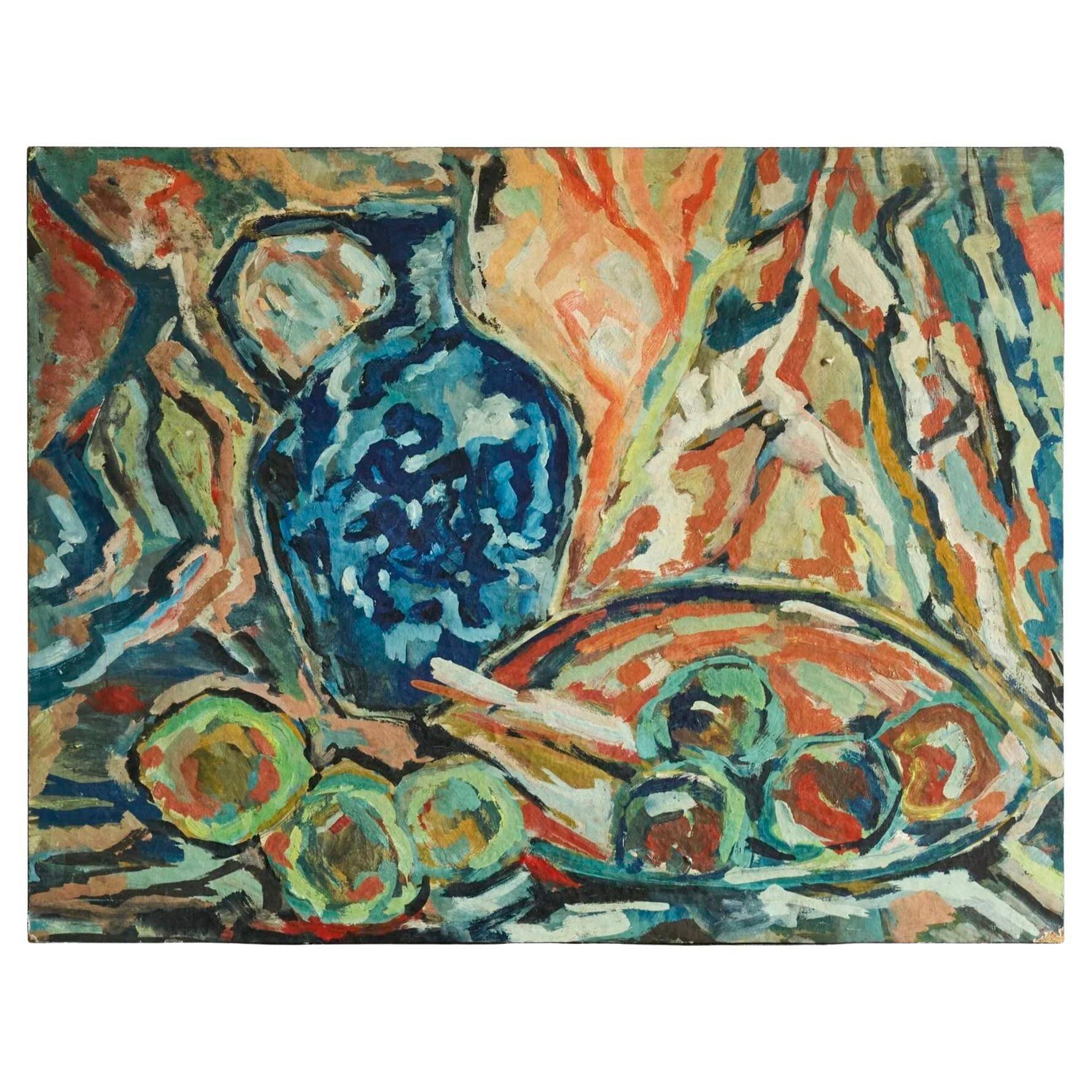 Scène de table moderniste, huile sur carton, années 1960