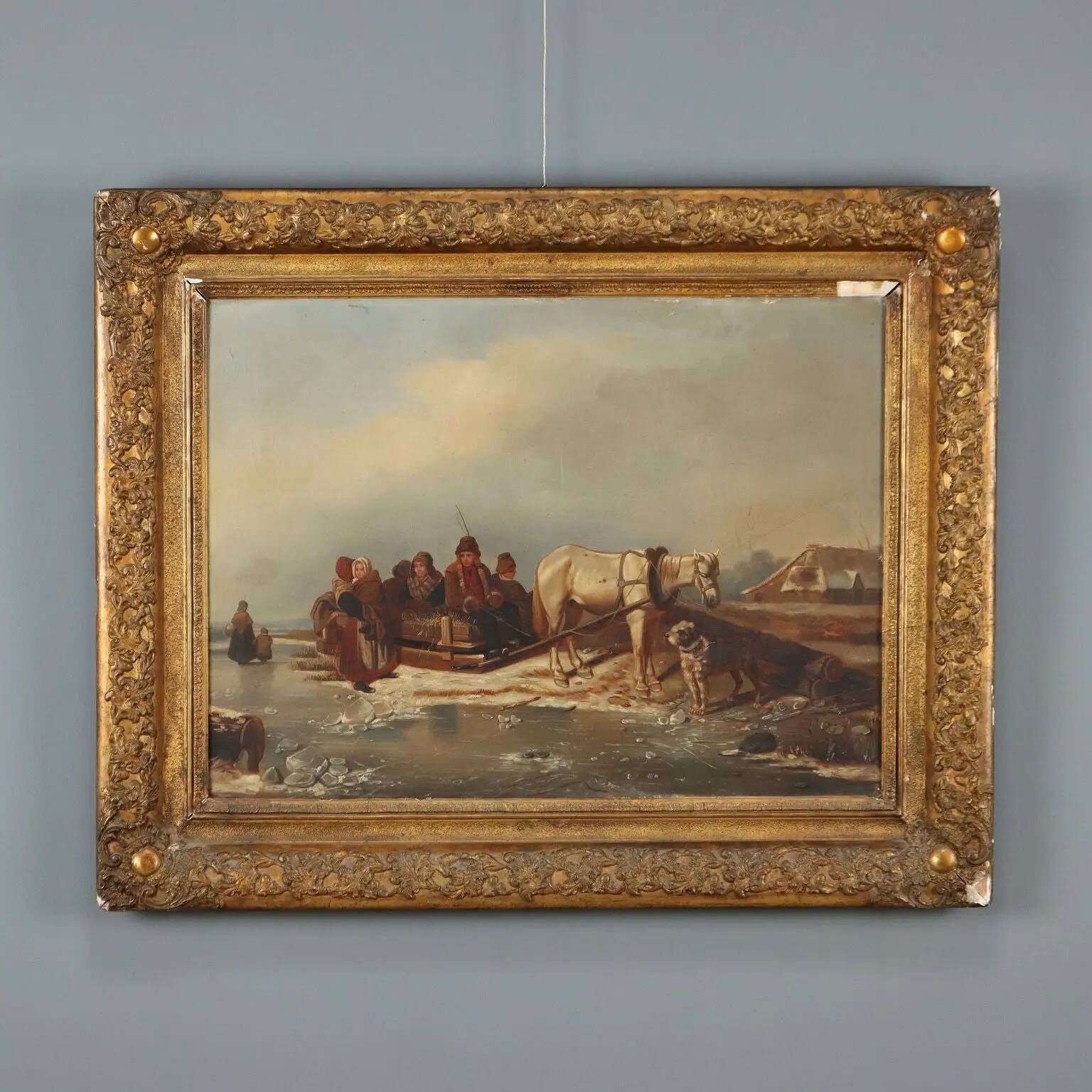 Ancient painting of a winter scene, oil on canvas, Northern Europe, 800s.