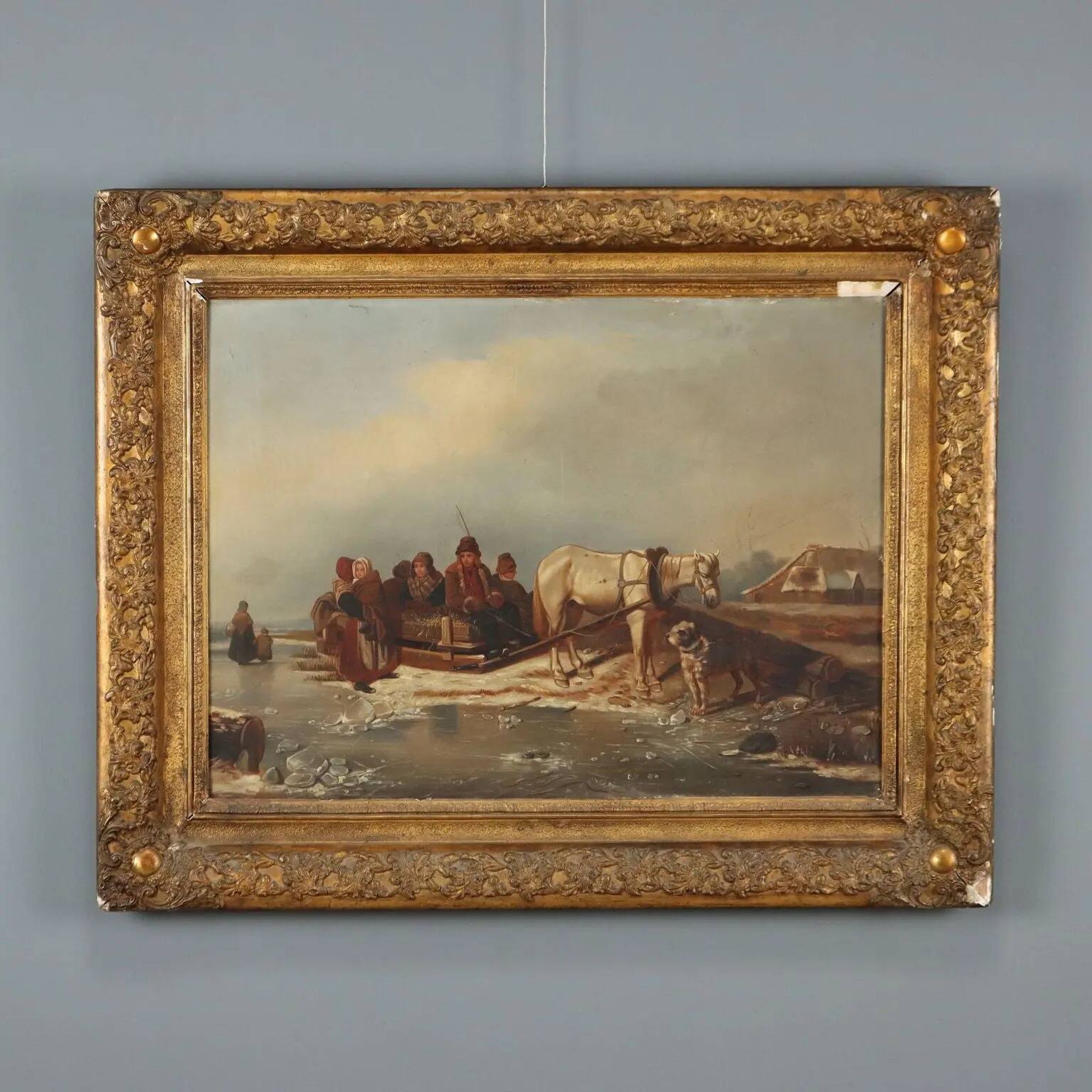 Ancient painting of a winter scene, oil on canvas, Northern Europe, 800s.