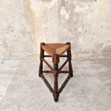Wood and straw tripod stool