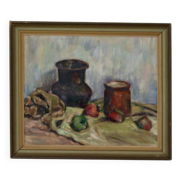 Huile sur panneau suédoise originale « Nature morte » vintage et encadrée