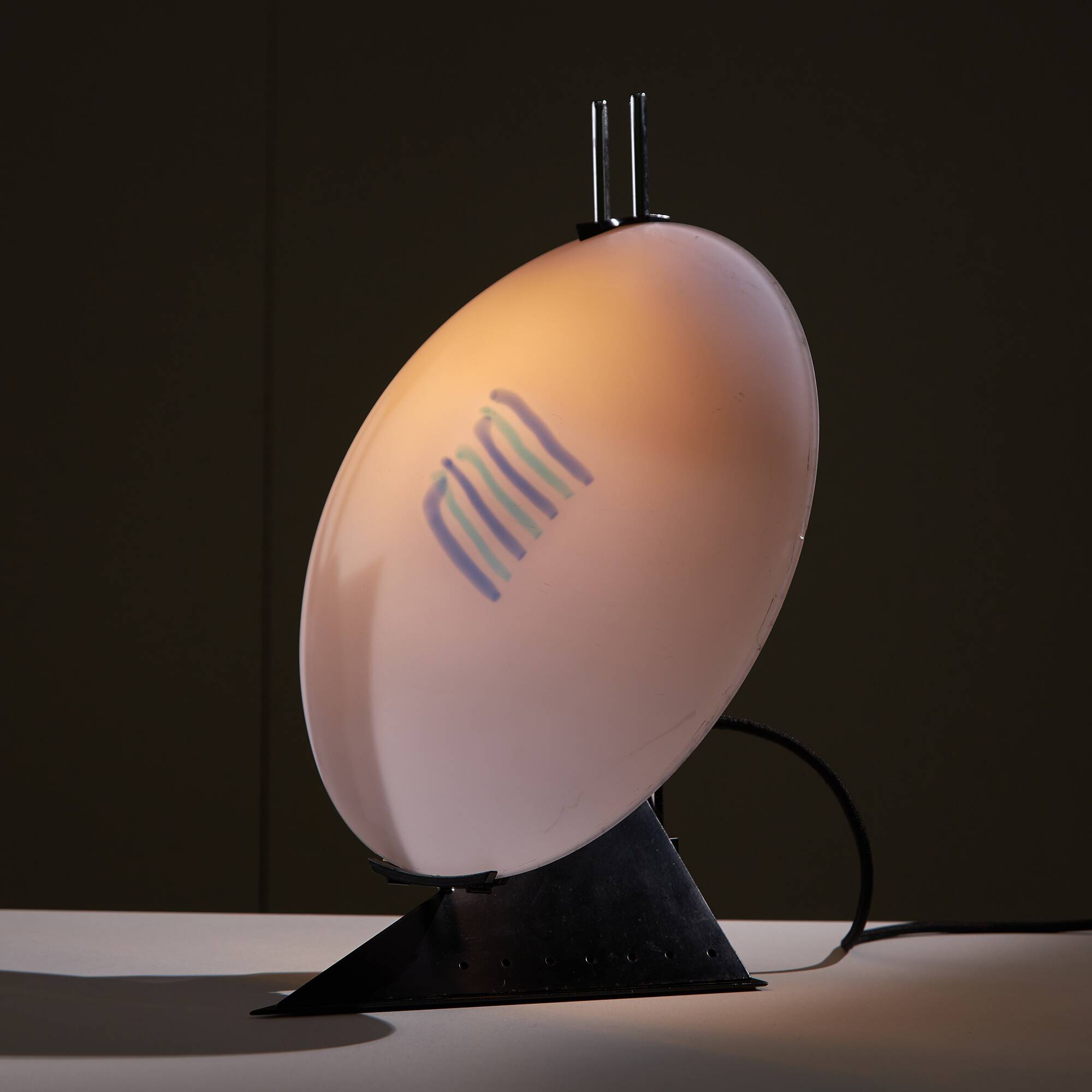 Postmodern Rhombus Shaped Table Lamp with Abstract Blue Stripes on Frosted Murano Glass