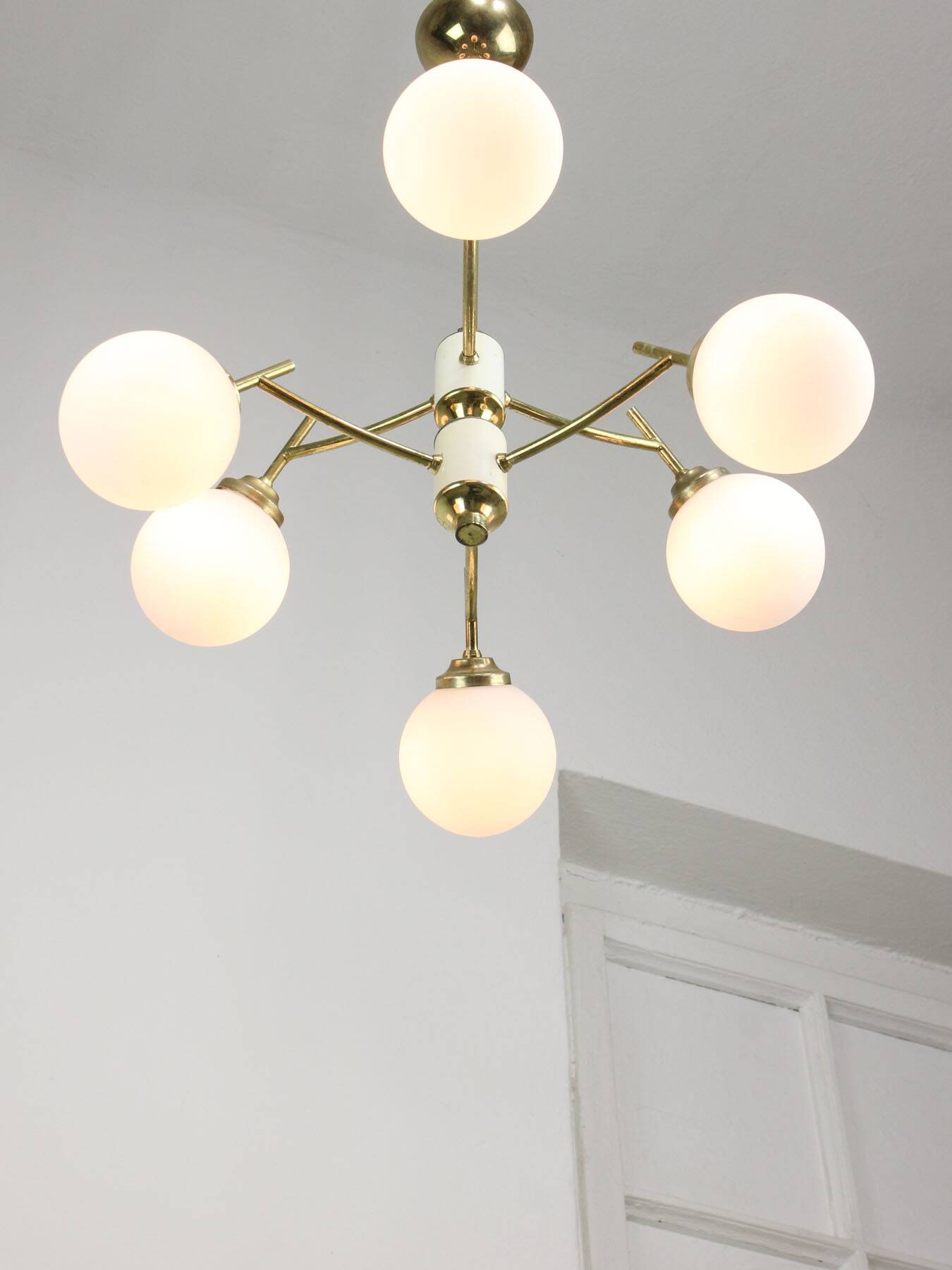 Mid-century Italian Brass and Opaline Chandelier, 50s