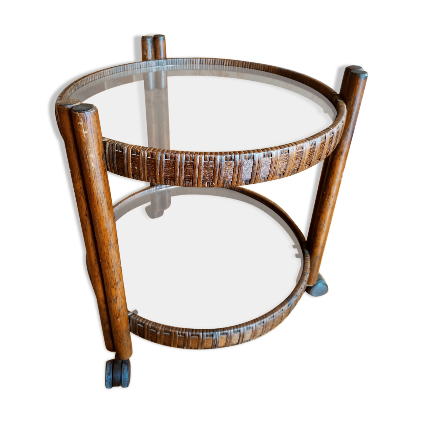 Round rattan bar table on wheels