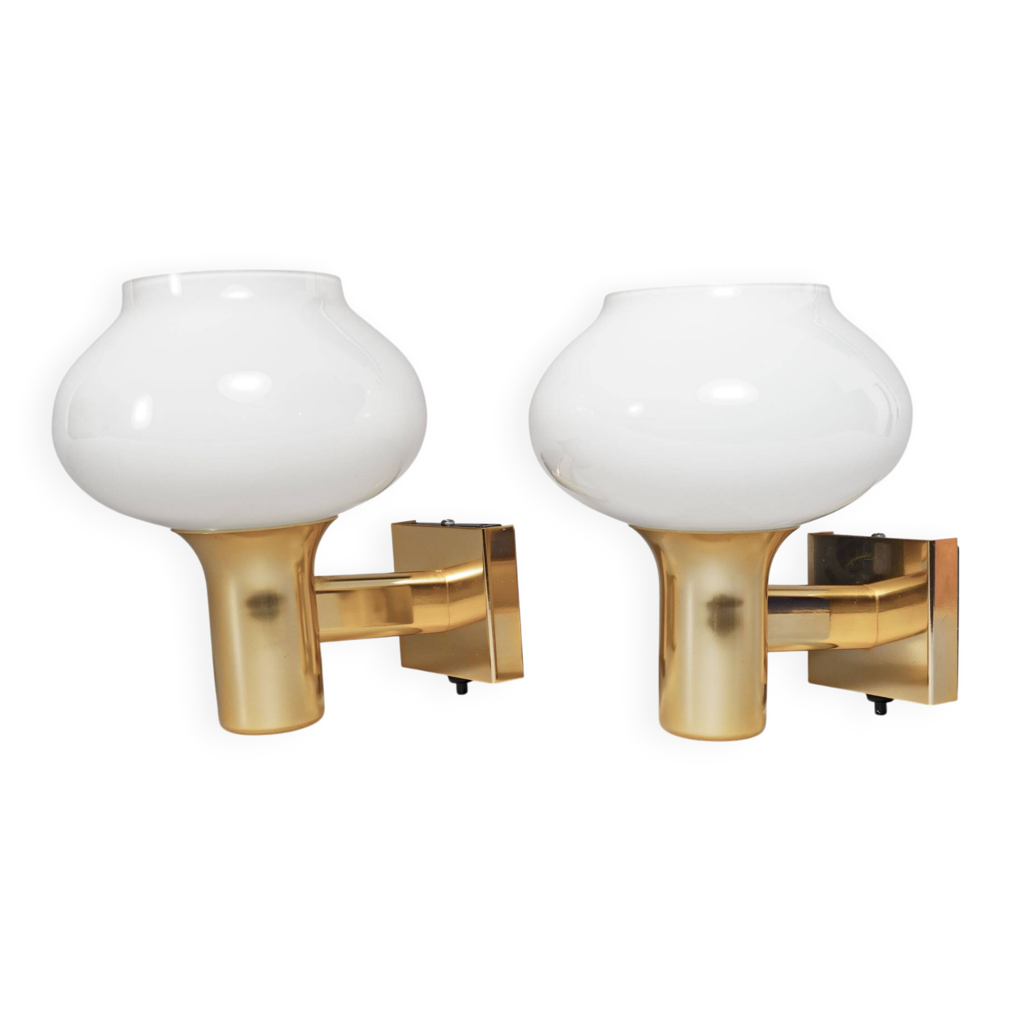 Pair of Vintage 1970s British Gold & Opaline Glass Wall Lamps / Sconces