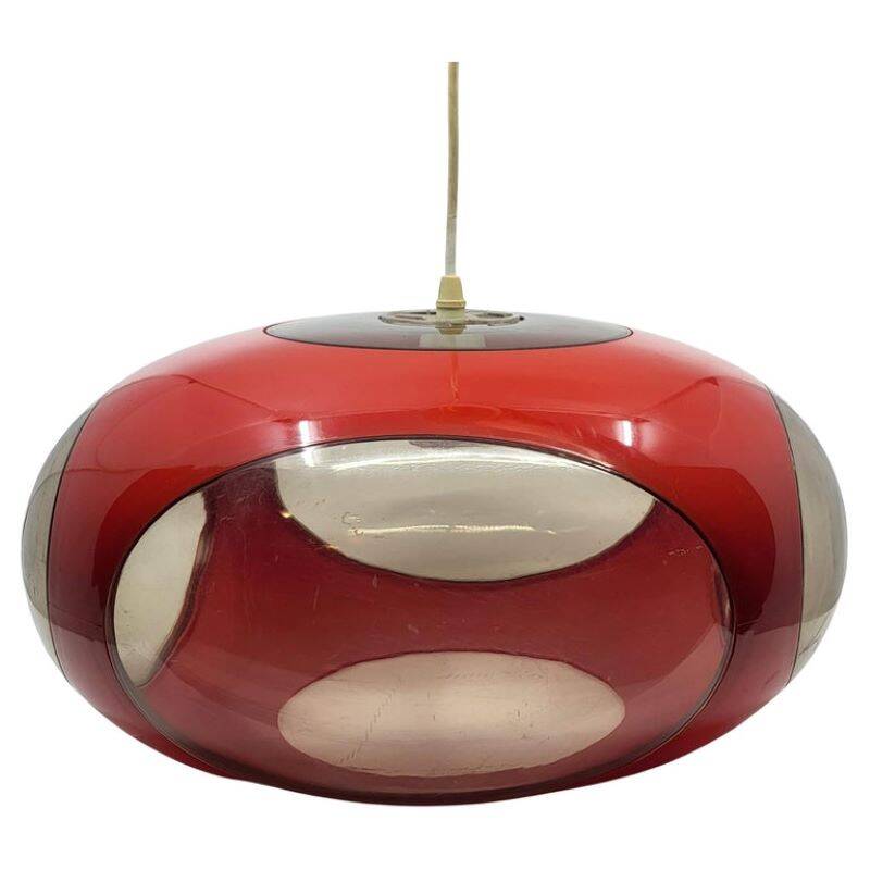 Massive Belgium red plexiglass UFO Space Age pendant light, 1970