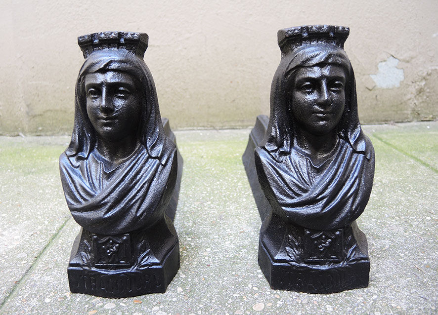 Old cast iron chenets : woman from strasbourg
